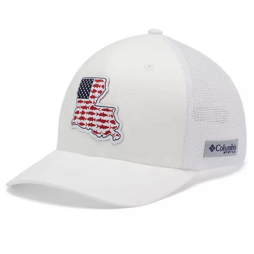 Columbia PFG Mesh Fish Flag Ball Cap. White - L/XL - Louisiana - New